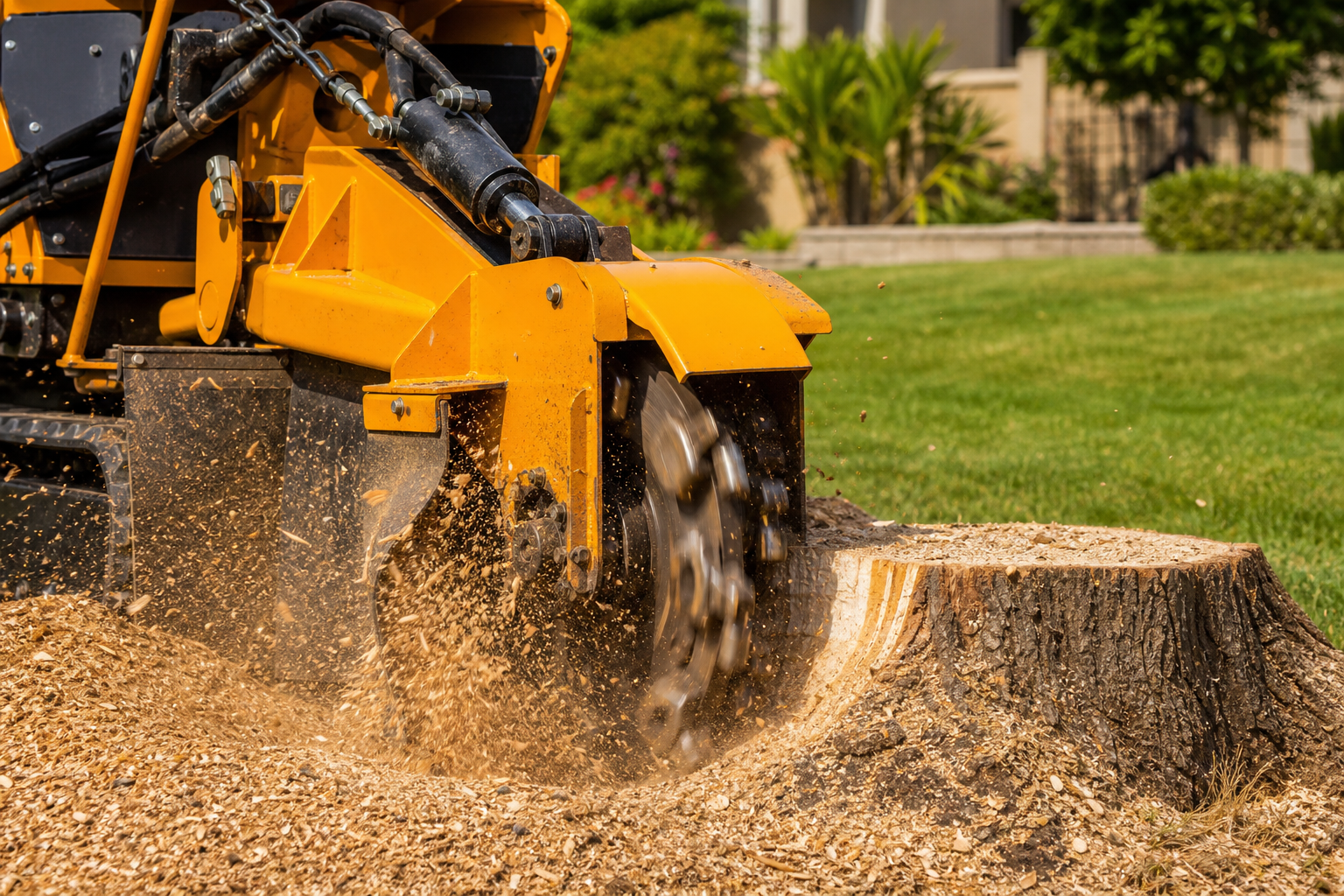Professional stump grinding machine removing large stump in residential yard